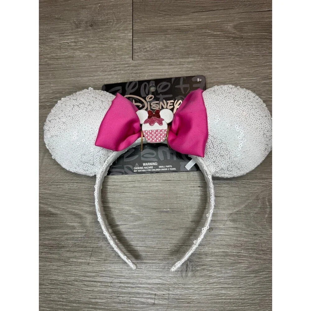 Disney Minnie Mouse Ears Headband White Sequin Pink Bow Cupcake